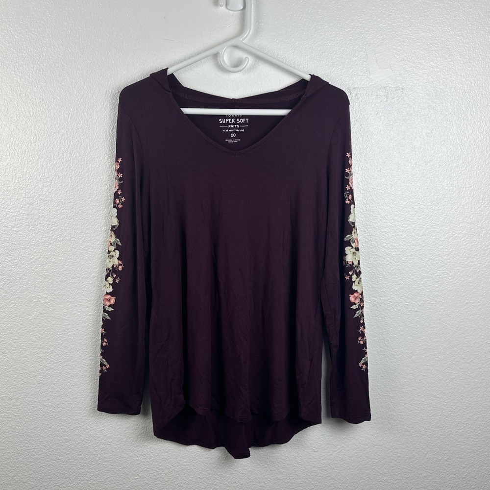 Torrid Women's Hooded Floral Long Sleeve Tunic‎ Top Size 00 Color Maroon GUC